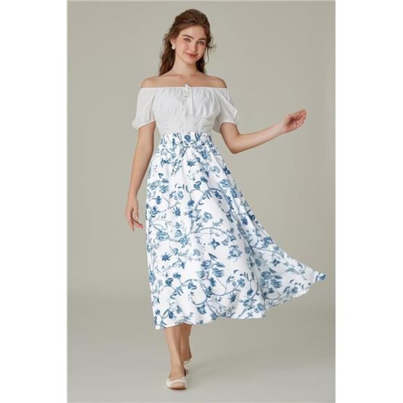 Renaissance Maxi Skirts for Women White Blue - Picture 3 of 6